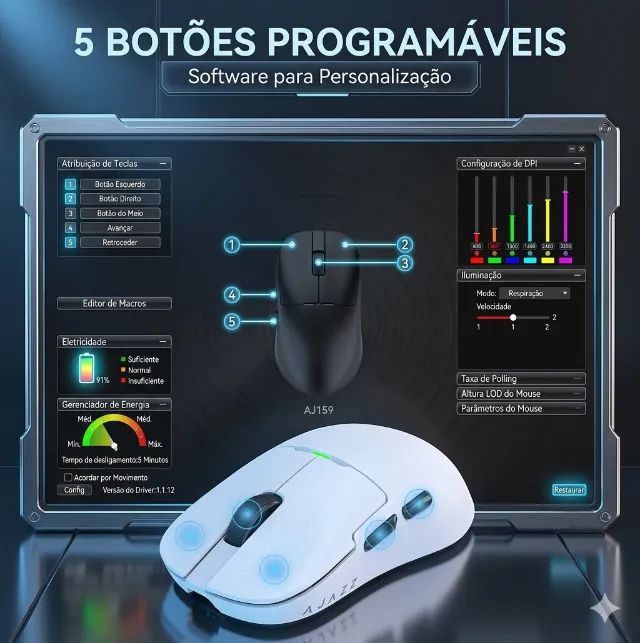 Mouse Gamer AJAZZ AJ159P Wireless Ultra-Leve 8K Hz com Dock de Carregamento paw 3395 - Foto 5