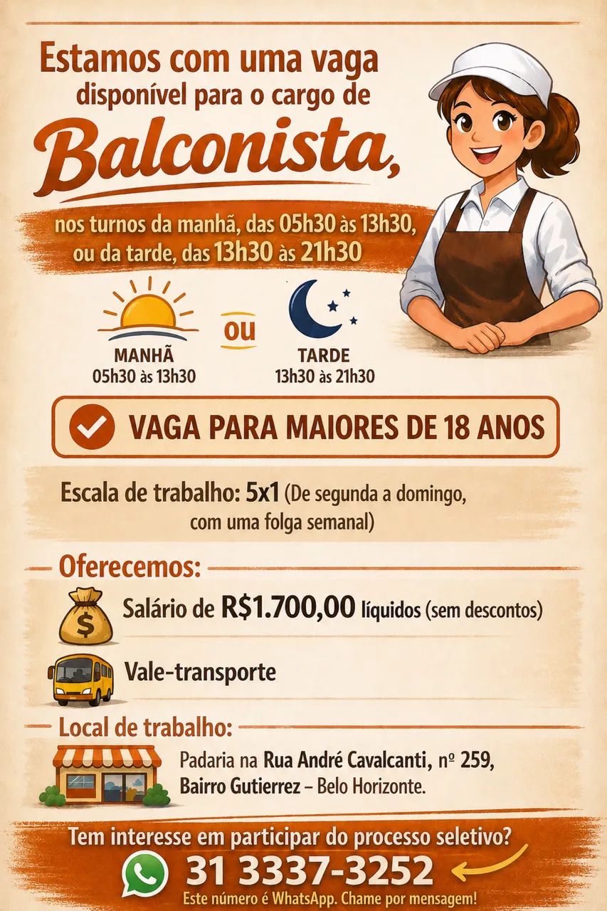VAGA PARA ATENDENTE EM PADARIA 
