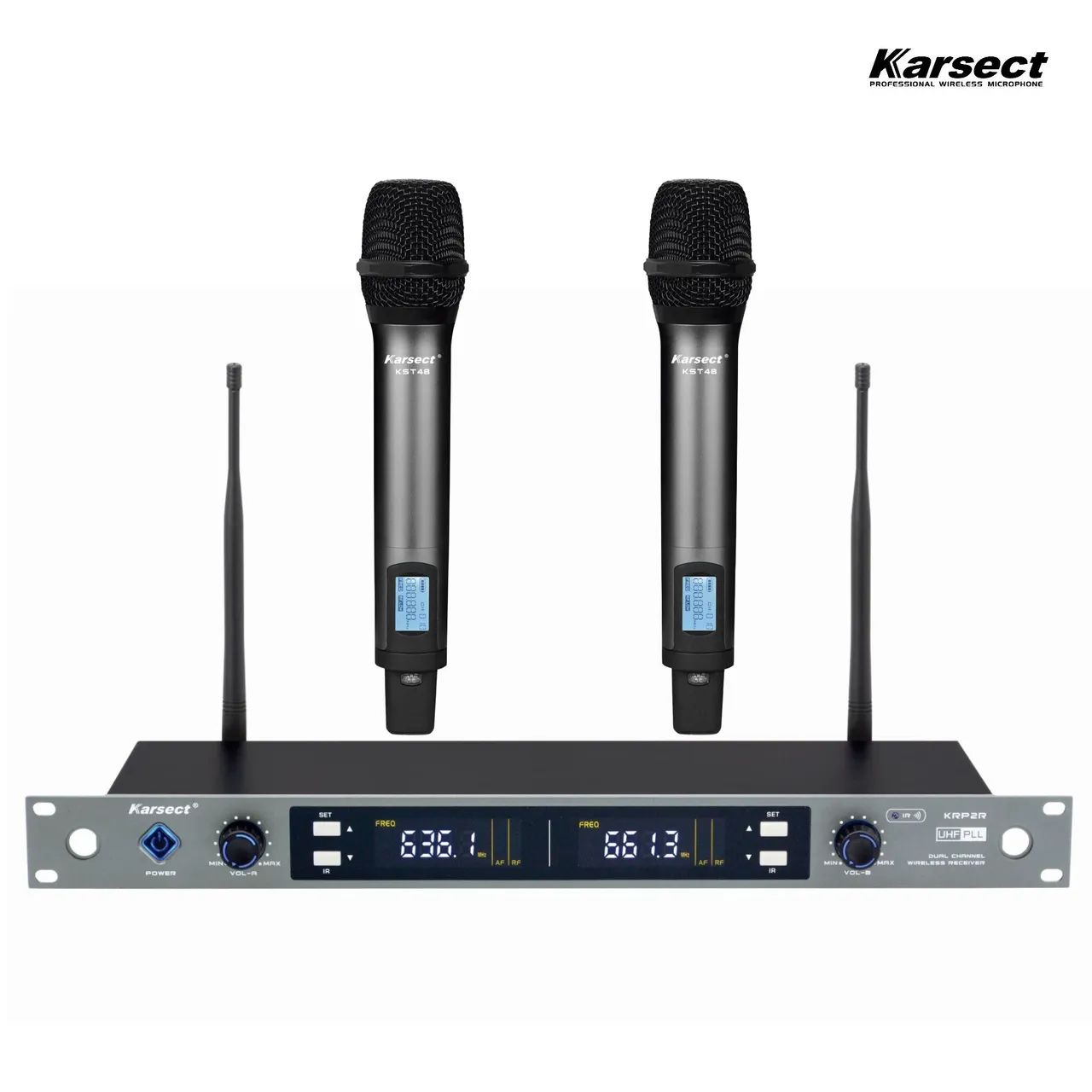 Microfone Sem Fio Duplo de Mão Karsect Recarregável | Profissional Rack