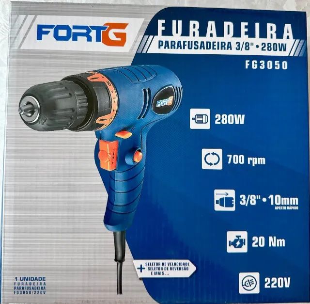 Parafusadeira e Furadeira Elétrica 280W FortG-Pro Vel Variável e Reversível 3/8 pol 220v