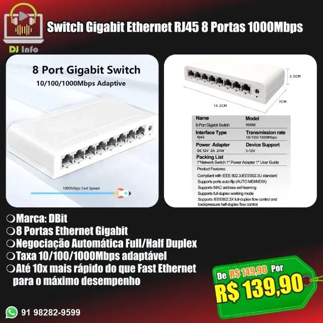 Switch Gigabit Ethernet RJ45 8 Portas 1000Mbps