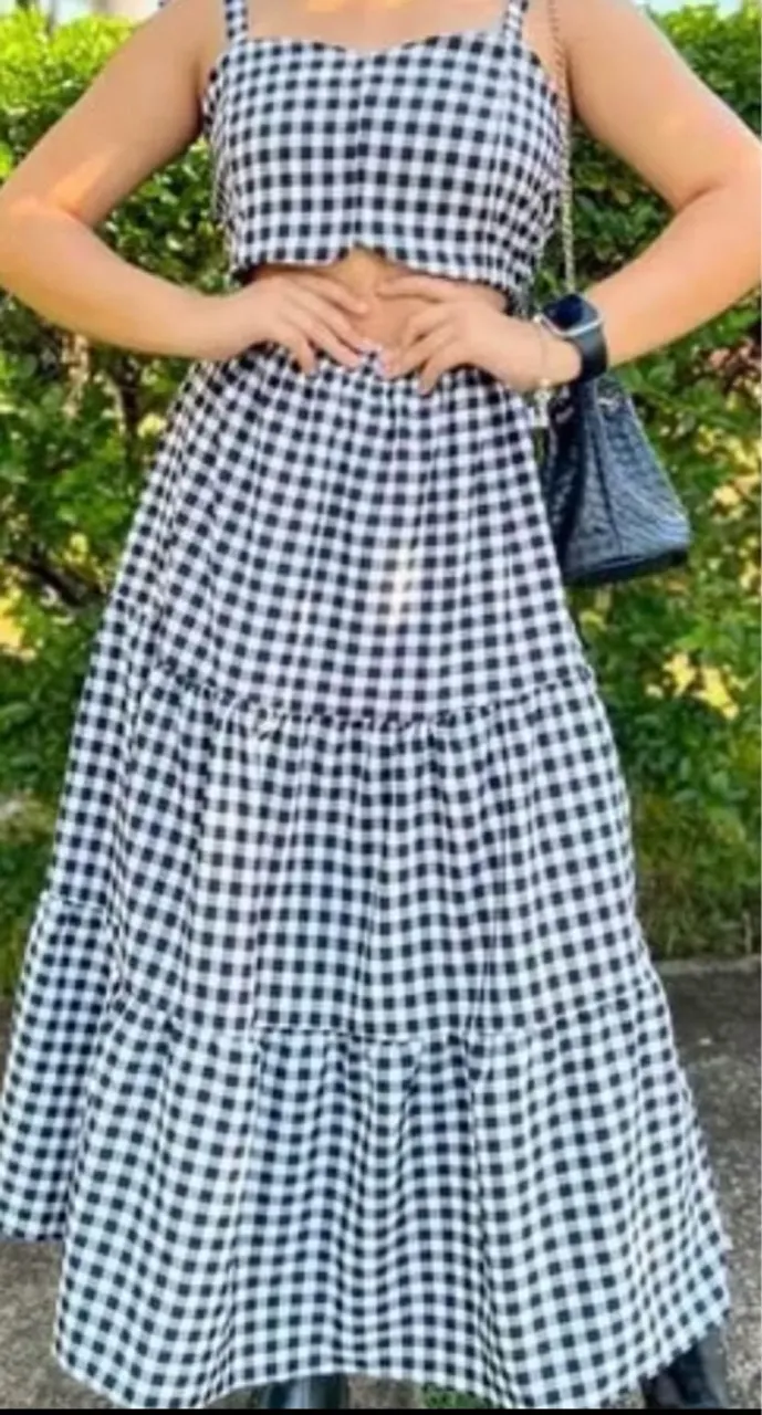 Conjunto xadrez cropped e saia longa