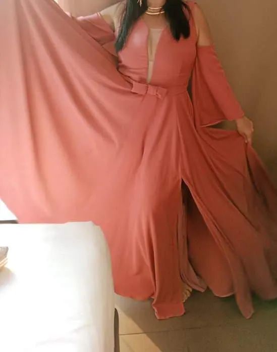 Vestido Rosa Decote V Manga Longa - Foto 2