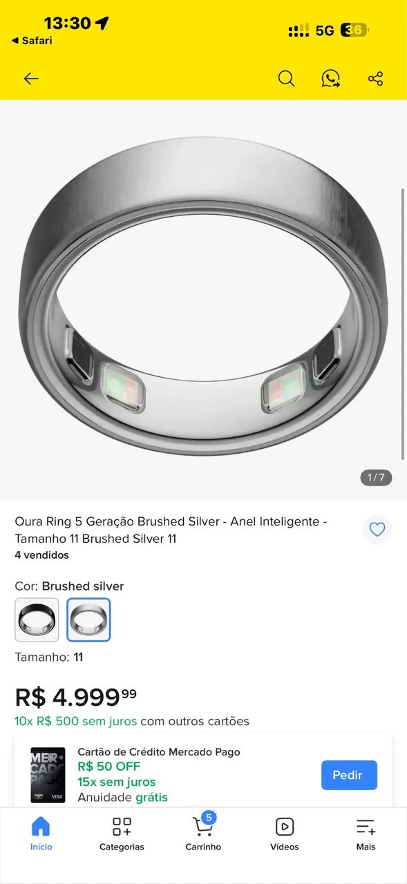 Oura Ring 5 Silver Tamanho 6