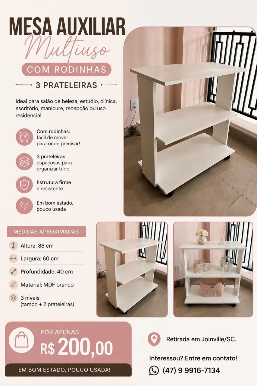 Mesa Multiuso com Rodinhas - Branca - 3 Prateleiras - Foto 2