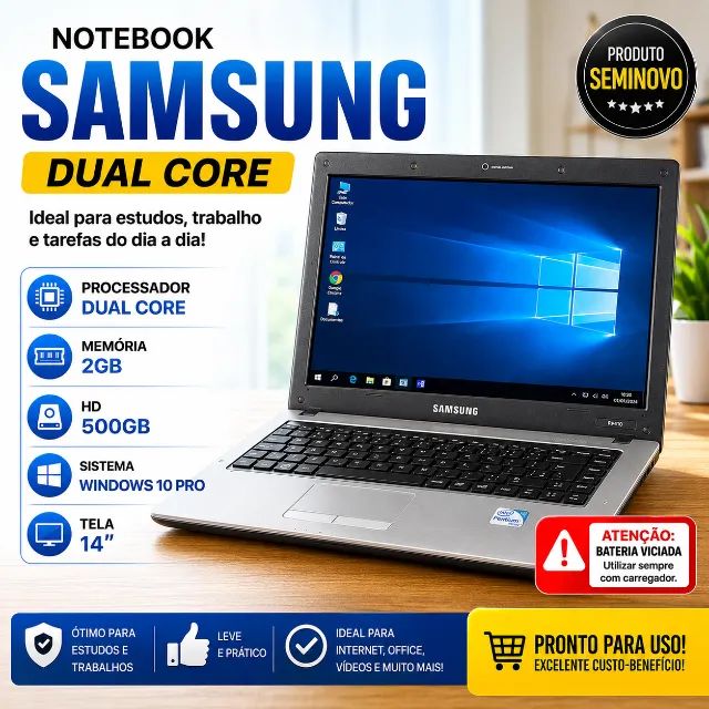 Notebook Samsung dual core, 2gb e 500hd - BATERIA VICIADA 