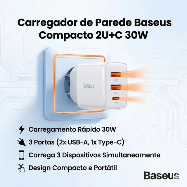 Carregador de Parede Baseus Compact Fast Charger 2U+C 30W - Foto 3