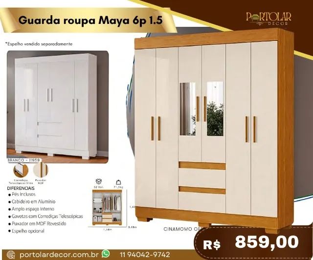 Guarda Roupa Maya 6p 1.5 a pronta entrega 