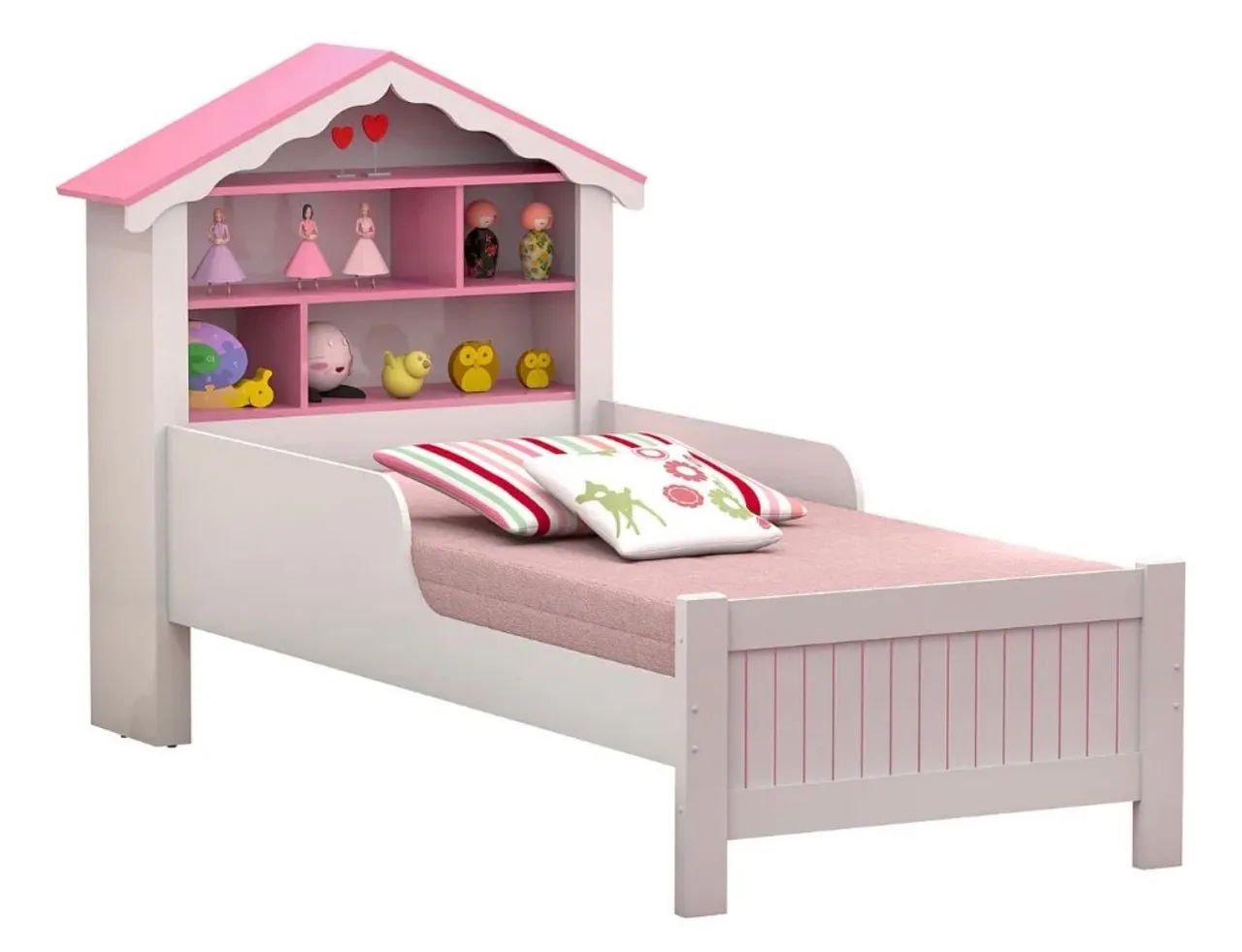 Cama Solteiro Infantil Princesa com Cabeceira e Prateleiras - Branco e Rosa