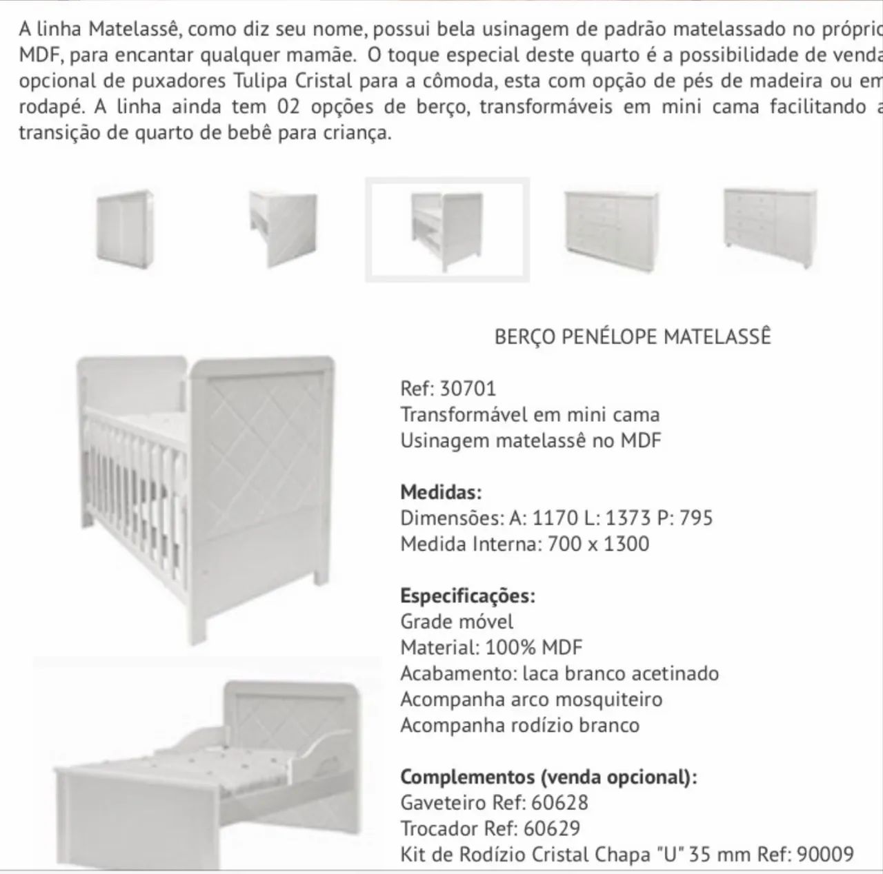 Berço Penélope Matelassê 100% MDF - vira minicama - R$ 300 - Foto 3