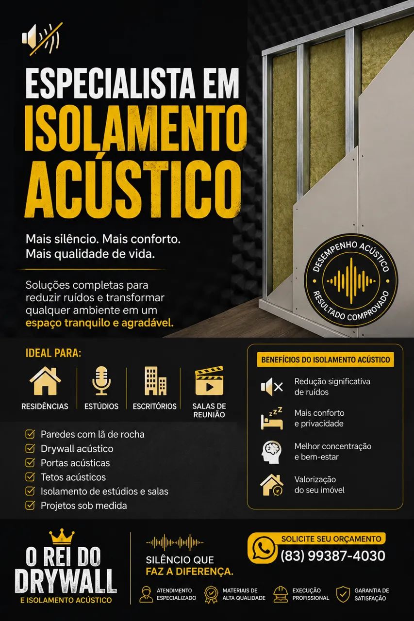 Isolamento acústico, Drywall, gesso, pedreiro 