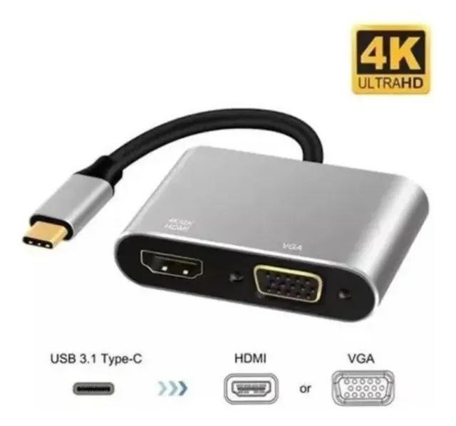 Adaptador Conversor Usb-c Type-c Para Vga E Hdmi Tv E Monit Cinza-escuro