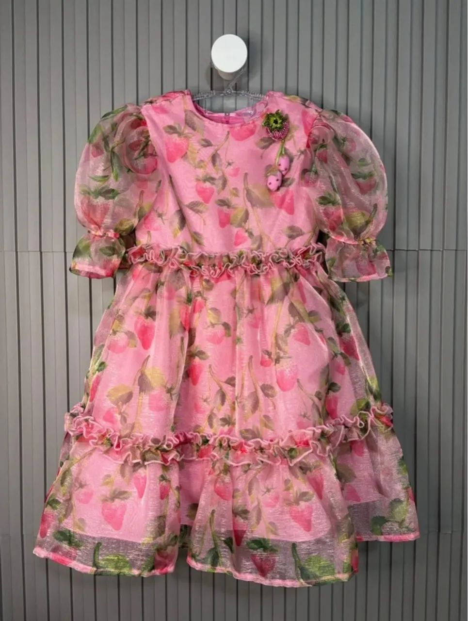 Pink lace children's dress with strawberry print