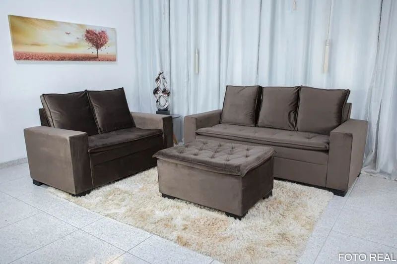 Conjunto de Sofás 2 e 3 Lugares com Puff Veludo Marrom