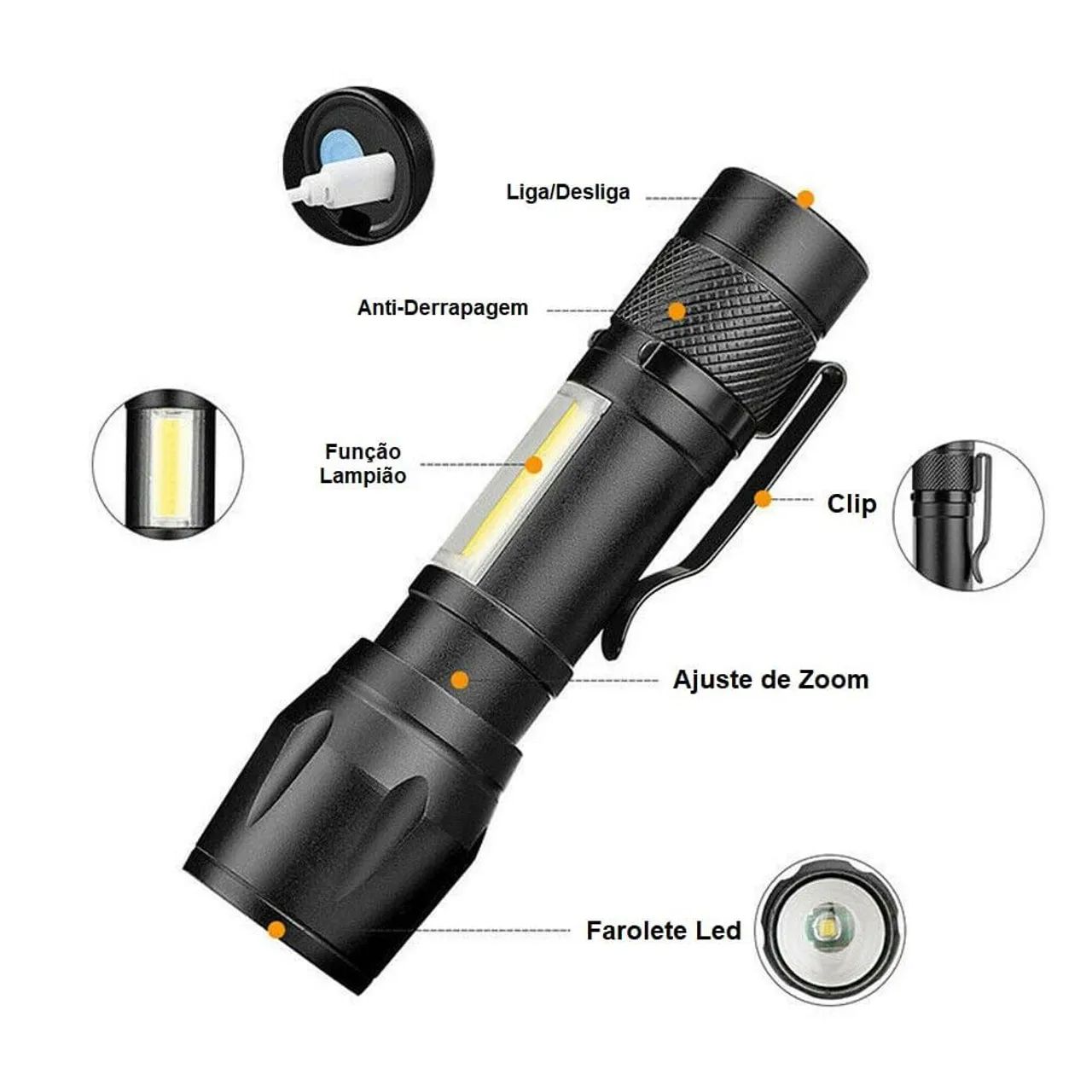Mini Lanterna Multifuncional LED Zoom Recarregável