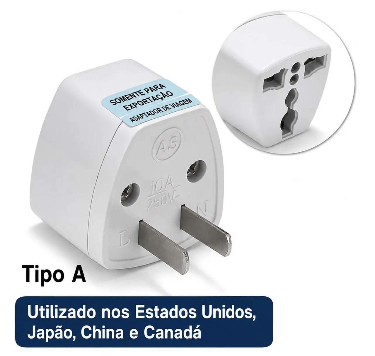 Adaptador plug de tomada 2 pino chato internacional EUA USA Japão UE Brasil tipo A branco - Foto 4