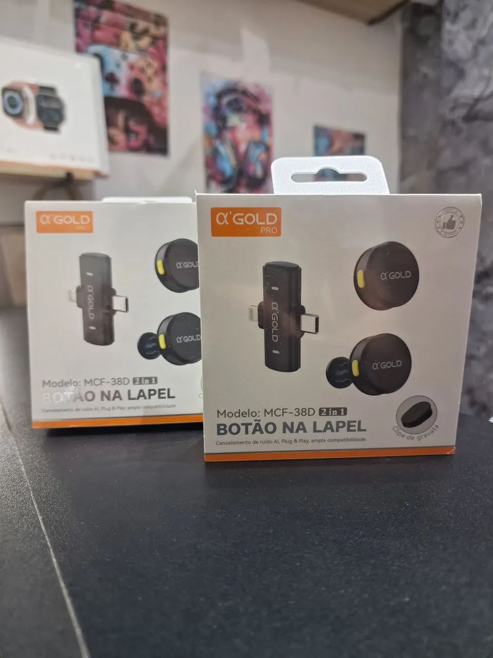 Microfone de lapela de botão sem fio + duplo (entrada tipo c e Lightning)