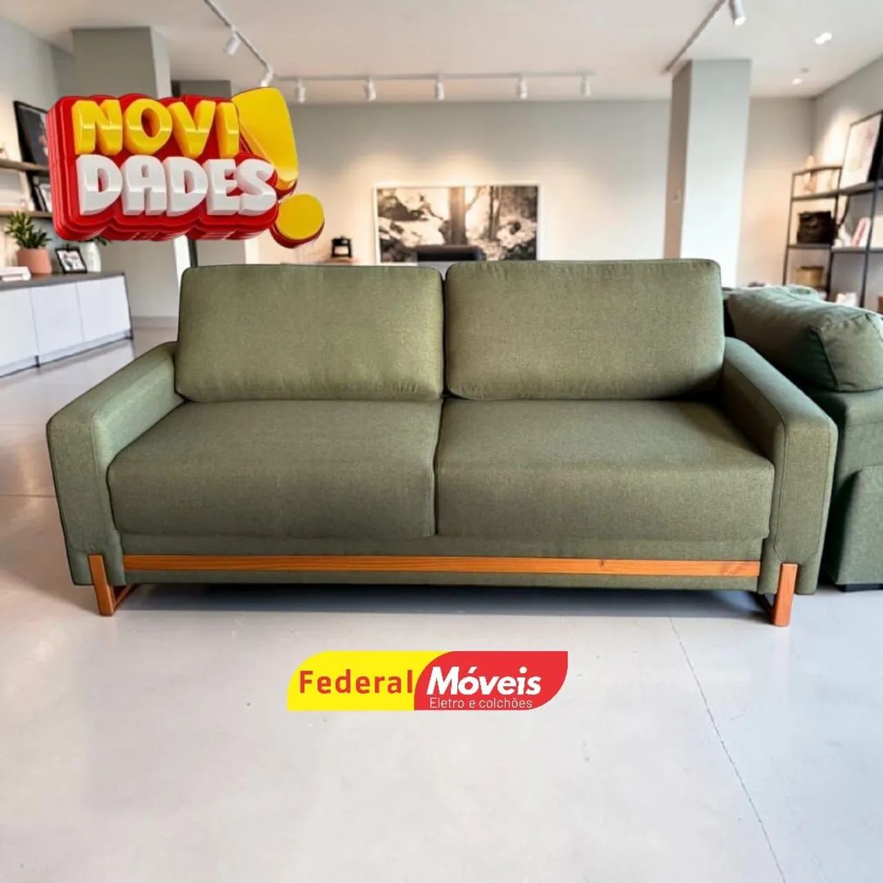 Sofá Fixo para Sala em Linho Verde 2,14m Pés Madeira - Chama no WhatsApp 