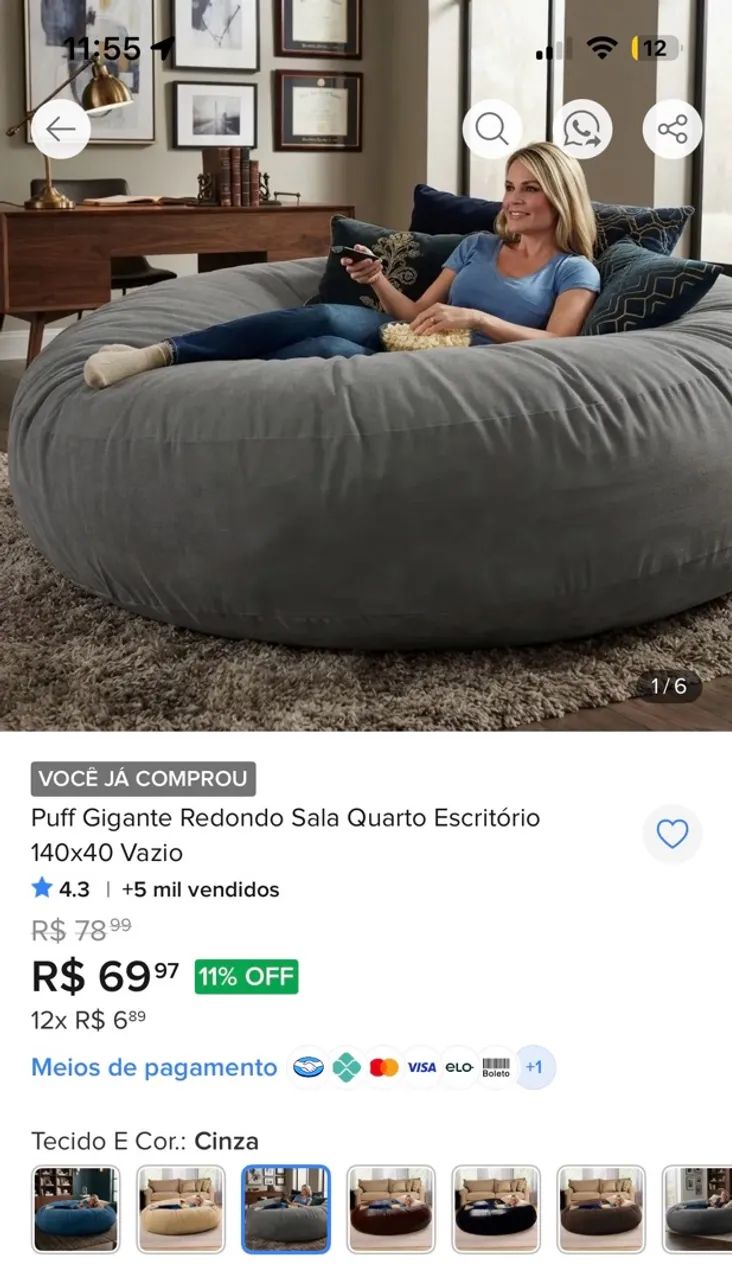 Puff Gigante Redondo Cinza com Enchimento - Foto 2