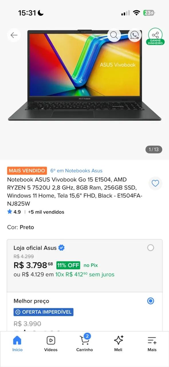 Notebook asus vivobook go15