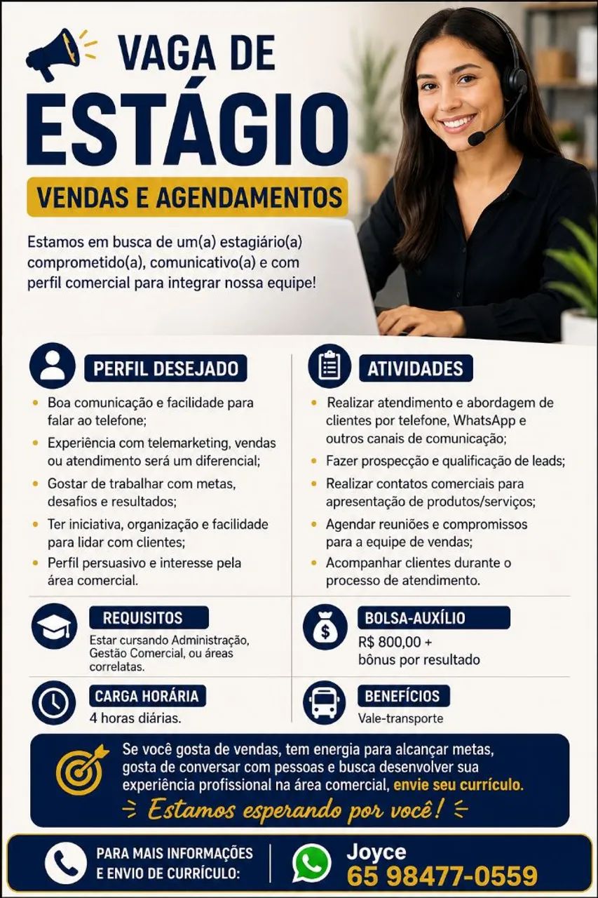 Vaga para estágio -  vendas 