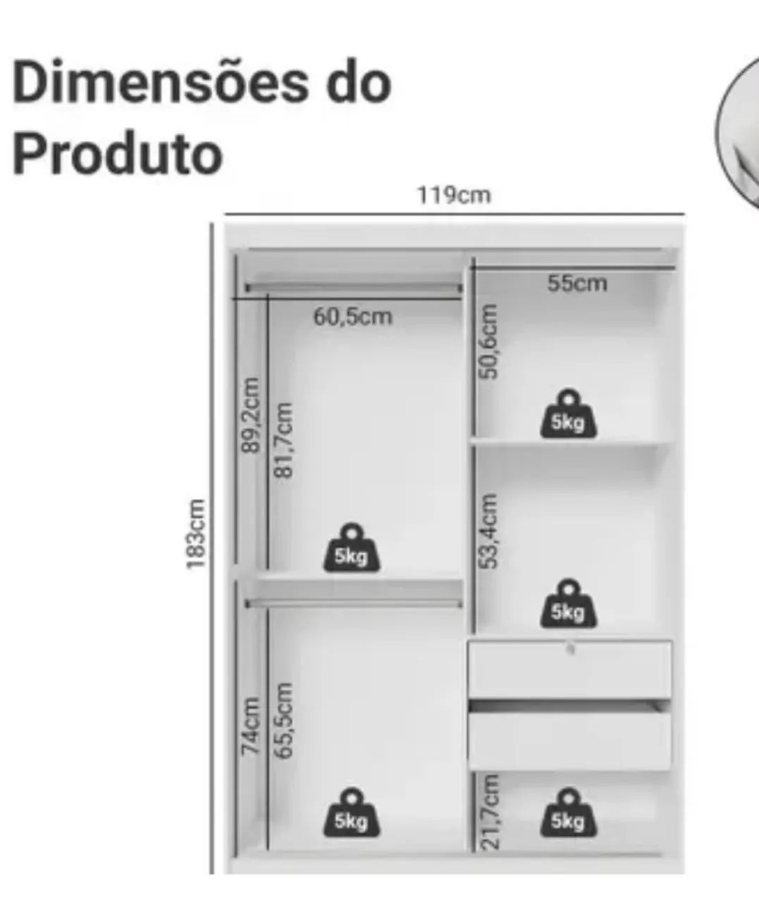 Guarda-Roupa Branco 2 Portas de Correr com Espelho - 1,19m - Foto 3