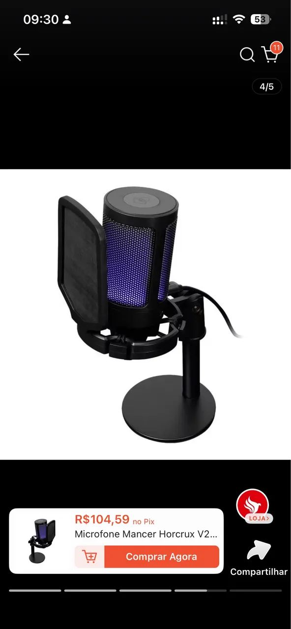 Microfone Gamer preto RGB e USB novo