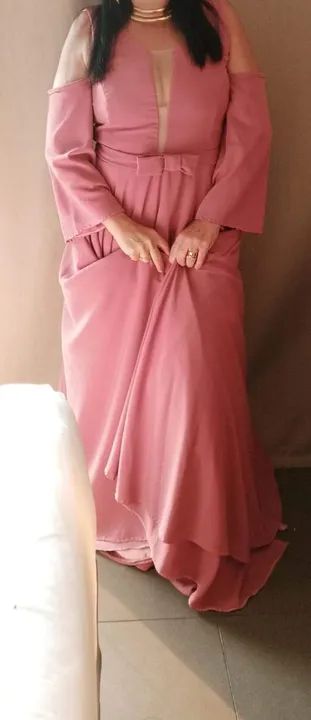 Vestido Rosa Decote V Manga Longa - Foto 4