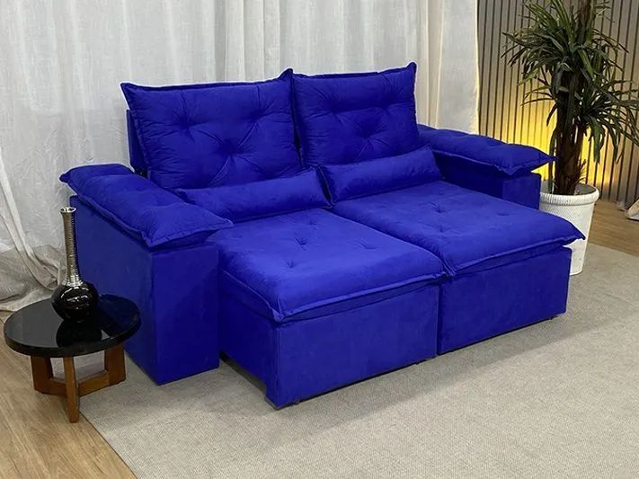Sofá Retrátil Reclinável 2 Metros Veludinho Azul