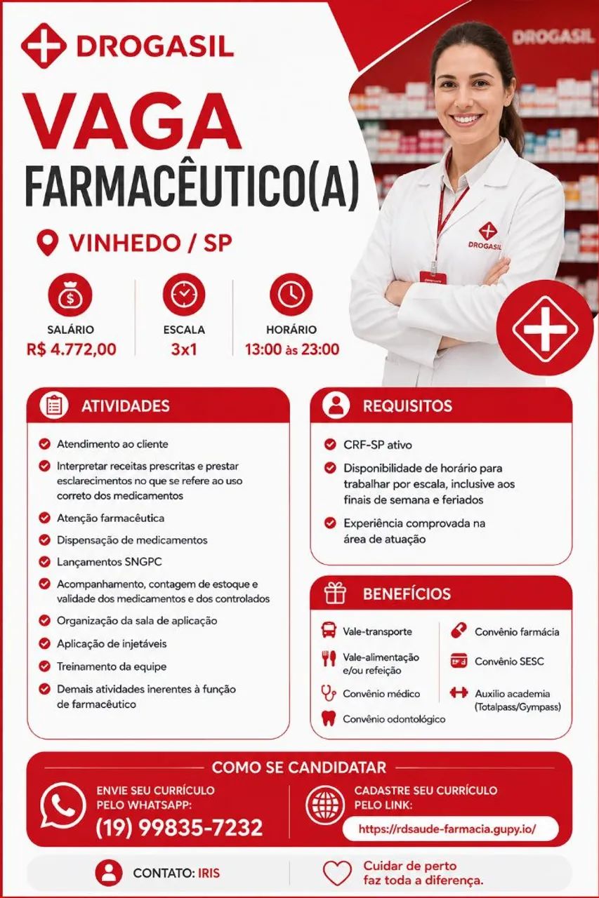 Vaga para farmacêutico (a) 