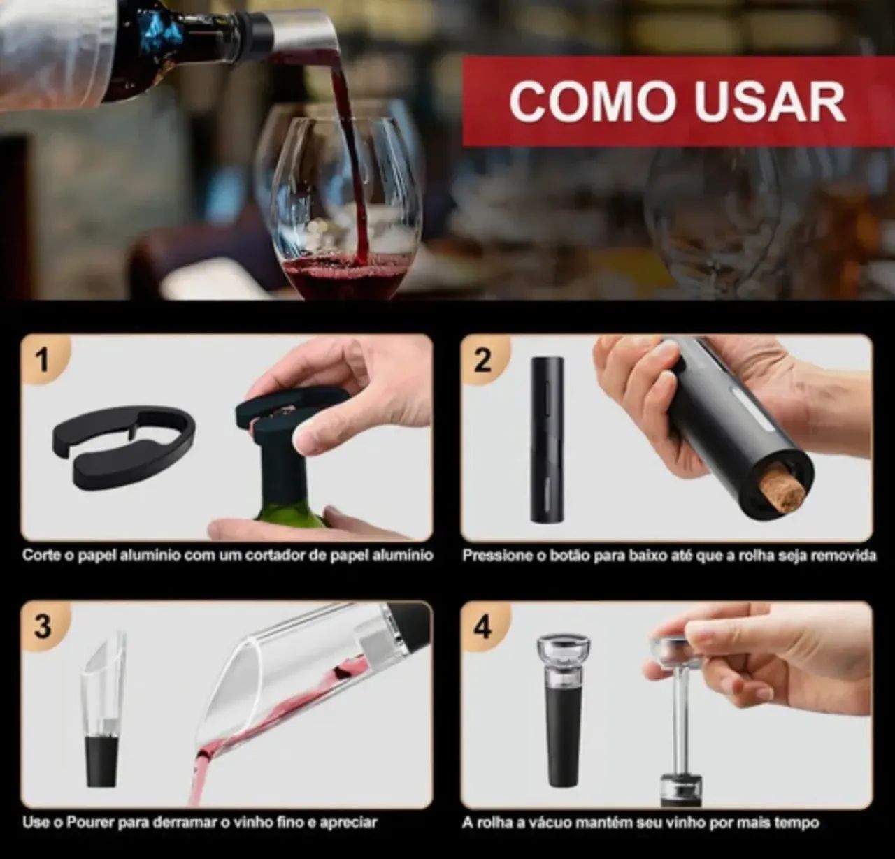 Kit abridor de vinho elétrico 