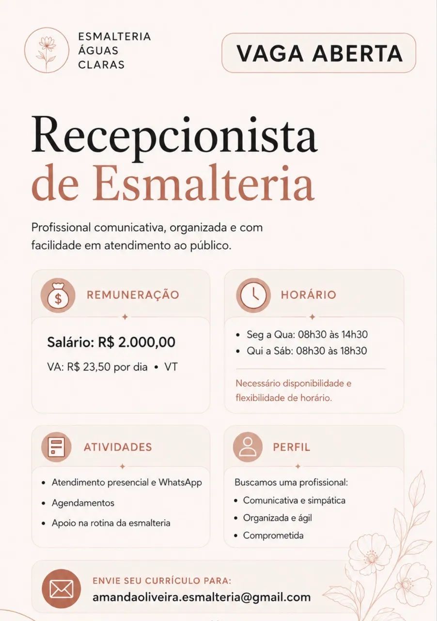 Oportunidade de recepcionista R$ 2.000,00