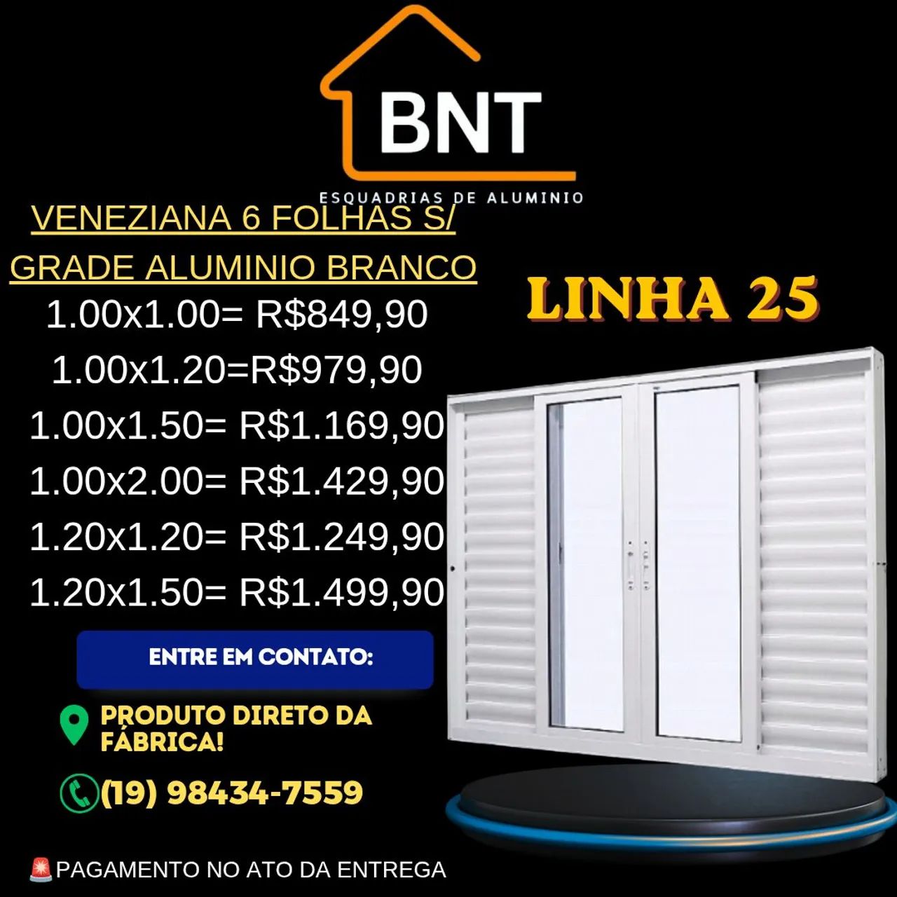 VENEZIANA 6 FOLHAS SEM GRADE ALUMÍNIO BRANCO 1.00X1.20 (Linha 25)