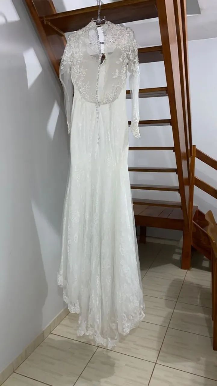 Vestido de Noiva Branco com Renda e Manga Longa - Foto 3