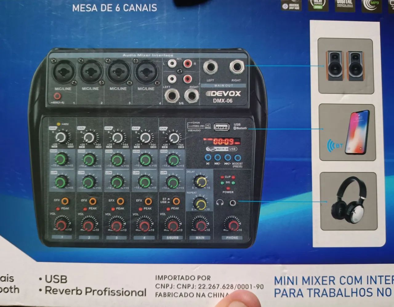 Mesa de Som Devox DMX-06 + Microfone LeSon + Cabos (Kit Completo)