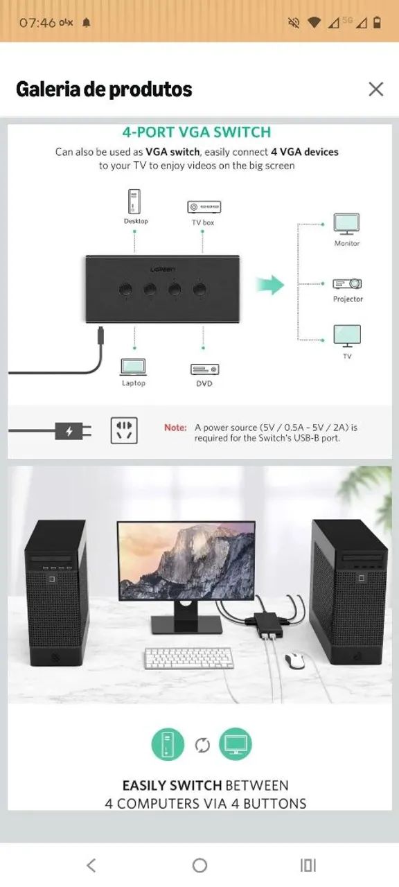 Switch Box Compartilhamento Kvm com 4 Portas VGA 3x Usb A 4x Usb - Foto 4