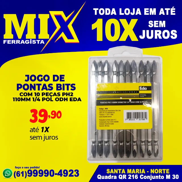 Jogo de Pontas Bits Com 10 Peças PH2 110mm 1/4 Pol ODH EDA