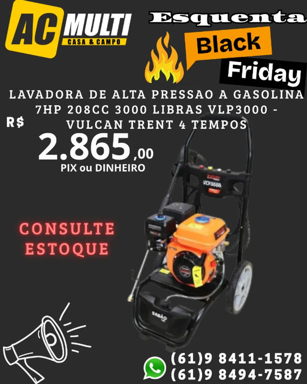 LAVADORA DE ALTA PRESSAO A GASOLINA 7HP 208cc 3000 Libras VLP3000 - VULCAN TRENT 4 TEMPOS