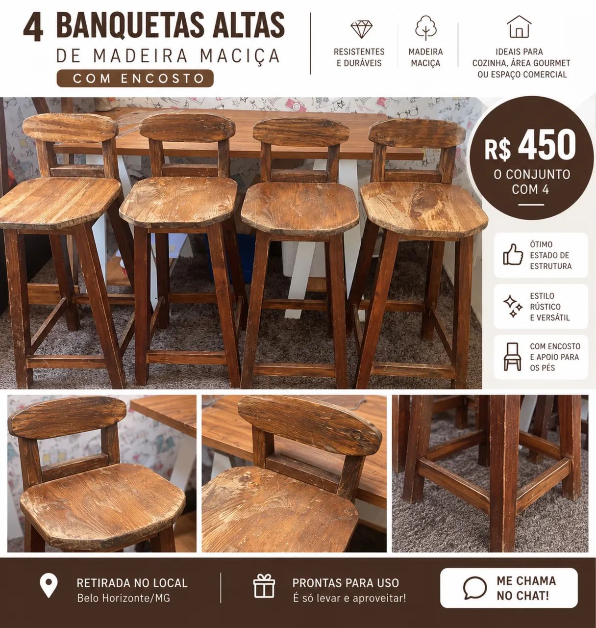 Conjunto 4 Bancos Altos de Madeira Maciça com Encosto  - Foto 2
