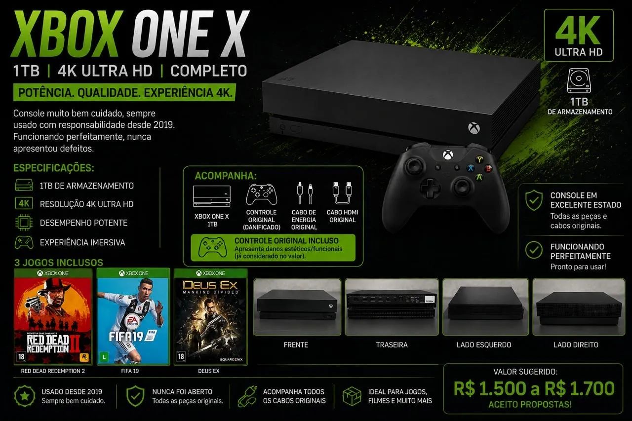 Xbox One X 1TB + 3 jogos disco (usado) 