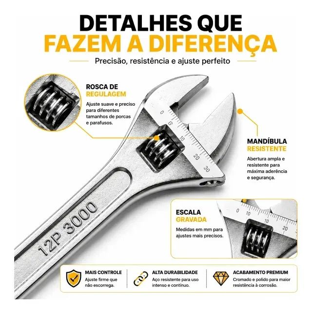 Chave Inglesa Ajustável 12 Polegadas 30cm Aço Forjado Prateado - Foto 2