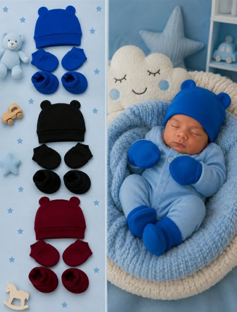 KIT COM 3 CONJUNTOS RECÉM NASCIDO 0 À 3 MESES COM 3 TOUCAS TED + 3 LUVINHAS + 3 SAPATINHOS - Foto 2