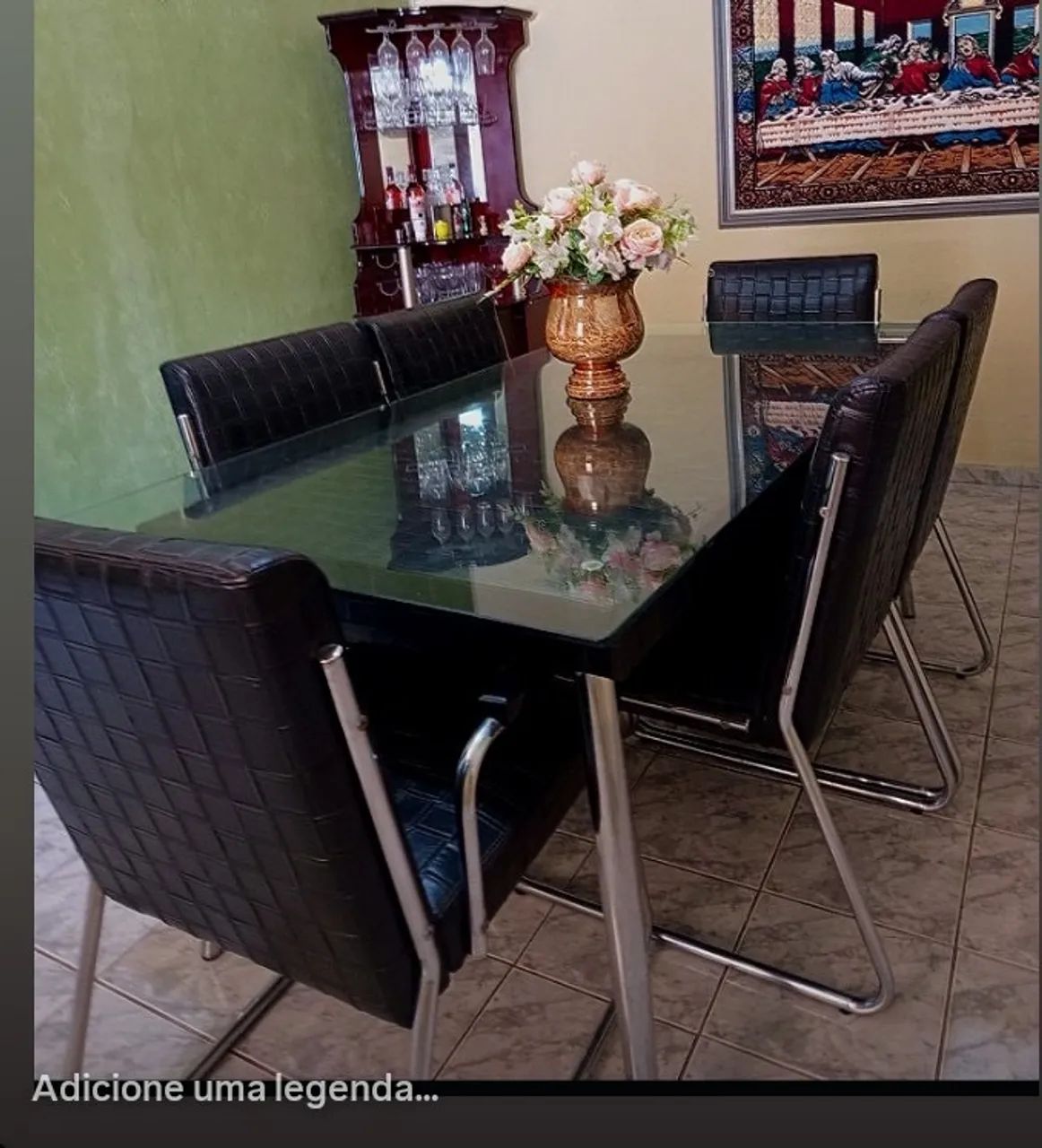 Mesa de jantar couro e vidro 6 lugares 