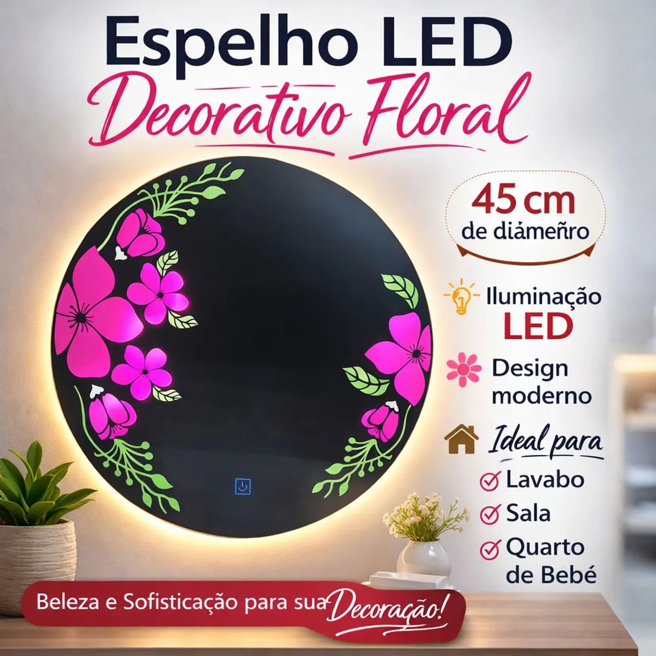 Espelho com vitrais e iluminação em led dimerizável 