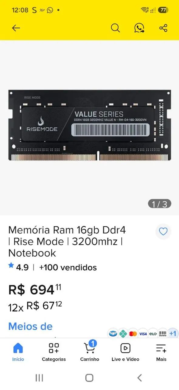 Memória ram 16gb ddr4 3200 value series RiseMode nova