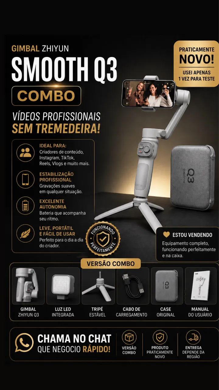 Gimbal Q3 Combo na Caixa | Ideal para Reels e TikTok