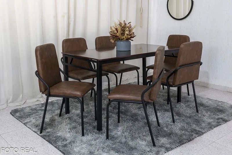 Mesa Tampo Pedra Amadeirado Marrom 140x75 6 Cadeiras Korino rf65