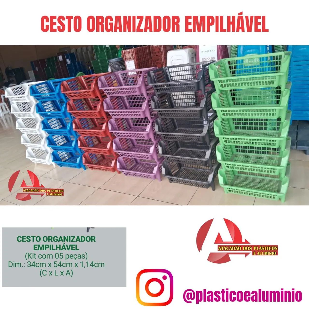 Cesto Organizador Empilhável - Kit com 5 Peças