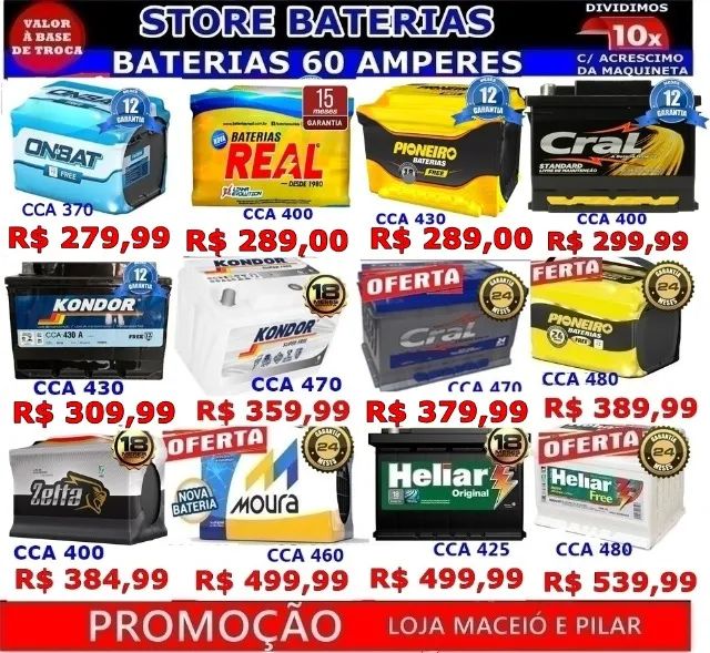 Baterias Diversas Marcas e Amperagens (Entrega e instalação