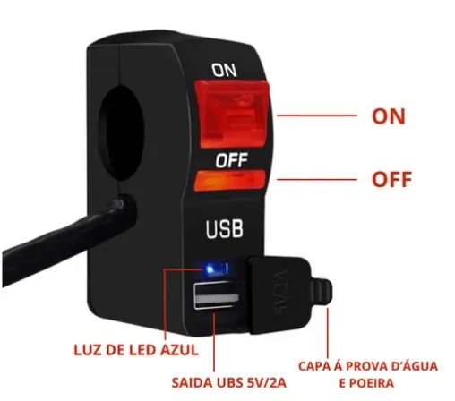 Carregador de Celular Usb com Botao de Liga Desliga p/ Moto Motocicleta Universal z1023  - Foto 6